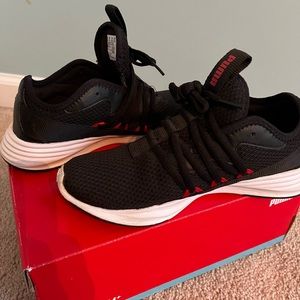 Puma boys running shoes, size 4.5, black and red